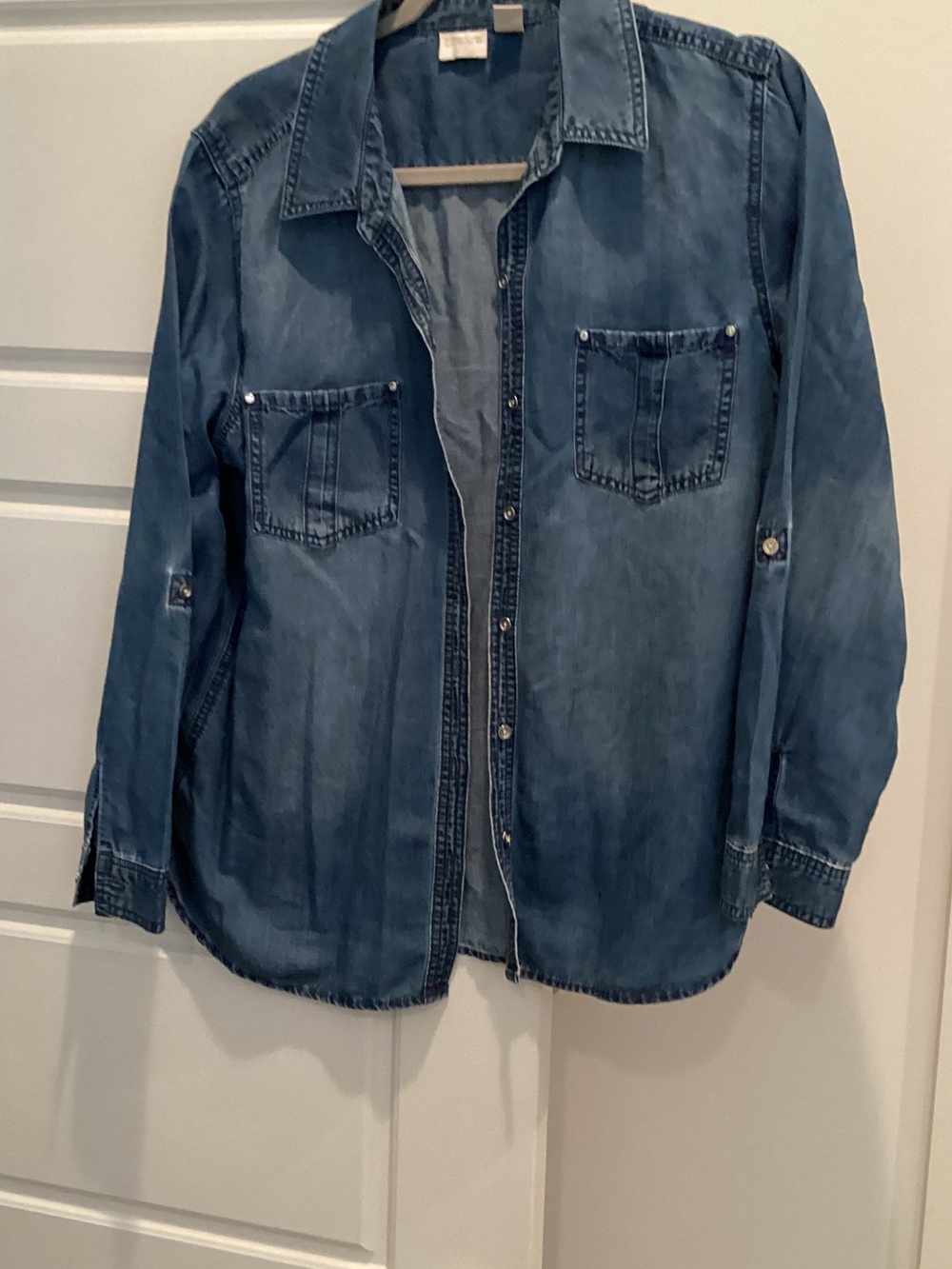 Chico's Washed Denim Button-Up Shirt in Blue